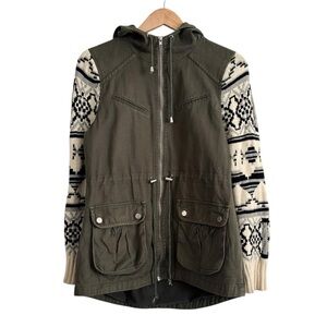 Fate Military Olive Cotton Jacket with Knitted Patterned Sleeves